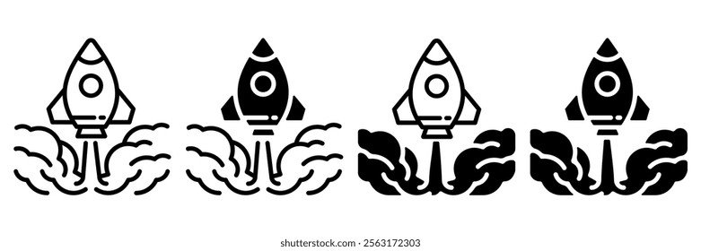Rocket icon set. Rocket icon launching with thick smoke symbolizes power, ambition and drive to explore and reach new goals. Launched rocket icon.