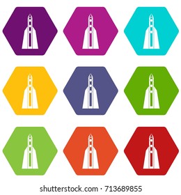 Rocket icon set many color hexahedron isolated on white vector illustration