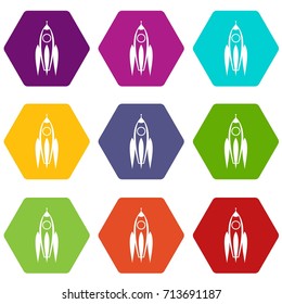 Rocket icon set many color hexahedron isolated on white vector illustration
