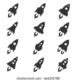 Rocket icon set. Space craft silhouette, black vehicle, future project and startup, Vector flat style cartoon illustration isolated on white background