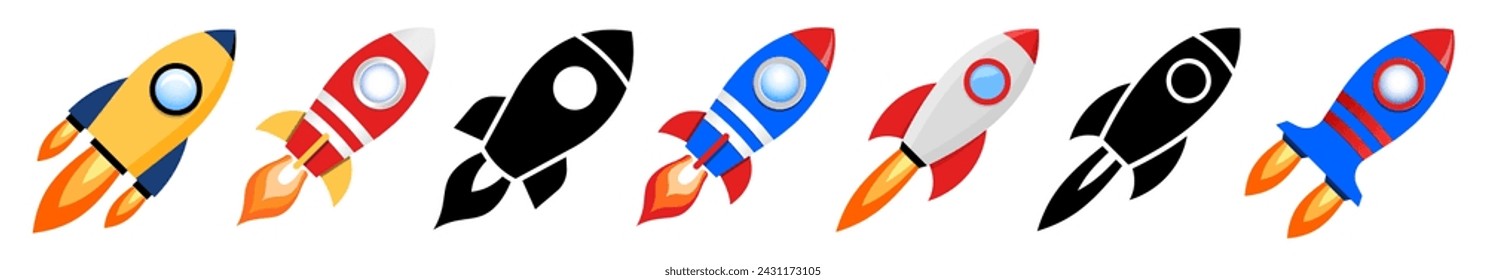 Raketen-Symbol gesetzt. Startsymbole. Flaches Design. Vorlagensymbol. Raumschiffstart. Vektorgrafik.