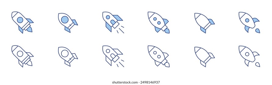 Rocket icon set in two styles, Duotone and Thin Line style. Editable stroke. startup, rocket, rocket launch.