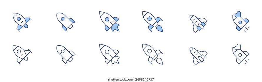 Rocket icon set in two styles, Duotone and Thin Line style. Editable stroke. rocket, boost, spaceship.