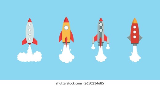 Rocket icon set. Upward launch space rocket with white smoke from turbines isolated on white background