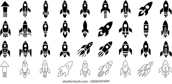 Rocket icon set, vector rocket silhouette, startup symbol, space shuttle, spaceship launch futuristic design, black and white rocket outline and filled isolated, technology, innovation, aerospace