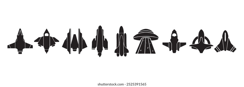 Rocket icon set, vector space ship silhouette collection sci-fi futuristic cosmic fighter plane logo. Alien fantasy travel spacecraft badge, galaxy shuttle journey sign collection. Rocket icon clipart