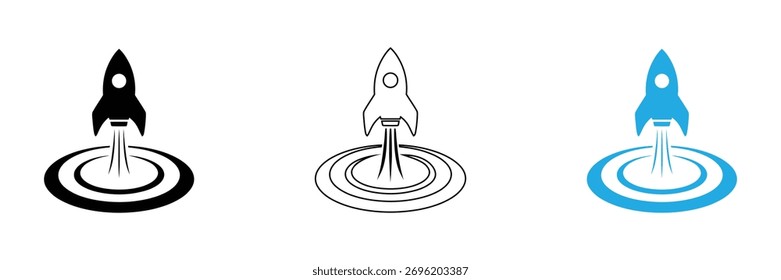 Rocket icon sheet multiple style collection isolated vector,Rocket ship launching boldly, ready for success and innovation.editable stroke