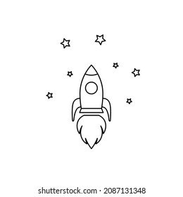 Rocket icon. Rocket ship in linear style. Vector illustration. Startup concept black icon isolated