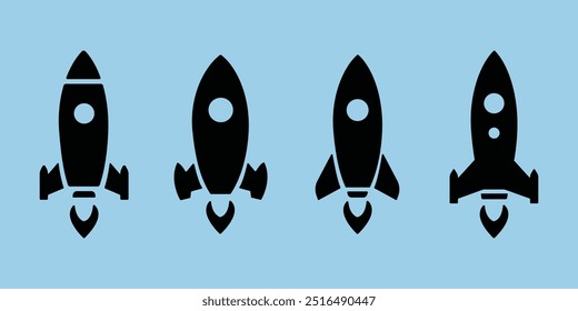 Conjunto de silueta de icono de cohete. Conjunto de siluetas de espacio de cohete, Paquete de silueta de cohete, Arte vectorial de conjunto de iconos de nave de cohete.