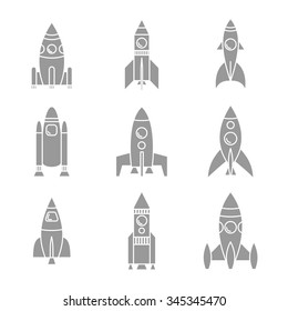 Rocket icon. Rocket silhouette. Rocket set vector. Icon design rocket. Concept icons launch speed discoveries. Isolated rocket icons. Gray silhouette rocket.