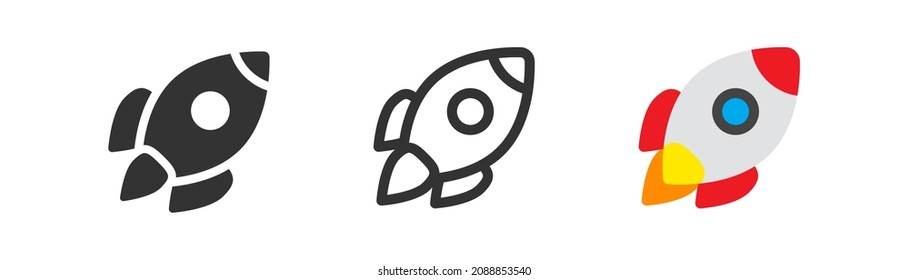 Raketensymbol. Raumschiff-Linie und bunte Illustration. Start und Start des Logos. Künftiges Raumschiff-Schild im Vektorflachstil.