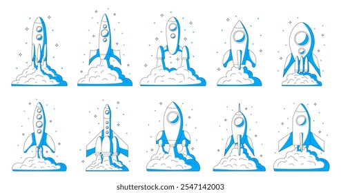 Ícone do foguete. Lançamento do ônibus espacial. Inicialização de negócios. Gráfico de sucesso futuro. Tecnologias da galáxia. Descoberta do universo. Inovações da empresa. Espaçonave azul contorno. Conjunto de símbolos de trastes de linha de vetor