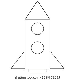 Rocket icon. Space travel object. Vector launch symbol. Cartoon outline ship.