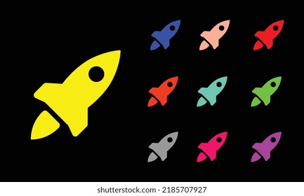 Rocket icon. Spacecraft sign, spaceship flight in vivid colors. Space exploration, startup launch, product promotion, innovation. Icon set, sign, symbol for UI. Vector illustration