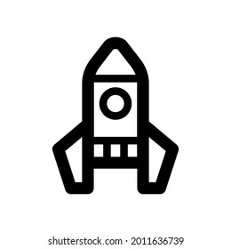 Rocket icon. Spaceship. Black contour linear silhouette. Vertical side view. Vector simple flat graphic illustration. The isolated object on a white background. Isolate.