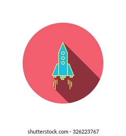 Rocket icon. Startup business sign. Spaceship shuttle symbol. Red flat circle button. Linear icon with shadow. Vector