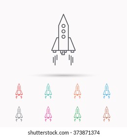 Rocket icon. Startup business sign. Spaceship shuttle symbol. Linear icons on white background.