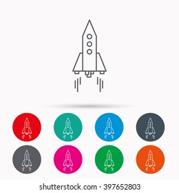 Rocket icon. Startup business sign. Spaceship shuttle symbol. Linear icons in circles on white background.