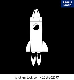Rocket icon for startup and business. Vector white icon with black background. For info graphics, web and media.