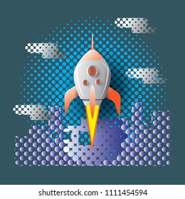 Rocket icon to startup on sky background Half tone.