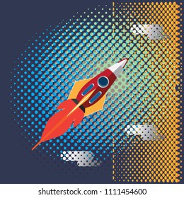 Rocket icon to startup on sky background Half tone.
