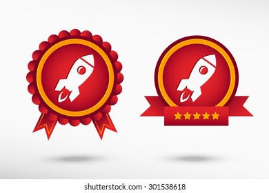Rocket icon stylish quality guarantee badges. Colorful Promotional Labels