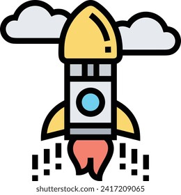 Símbolo de icono de cohete imagen vectorial de tecnología futura. Ilustración de la imagen de diseño de cohetes de vuelo de nave espacial