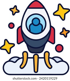 Símbolo de icono de cohete imagen vectorial de tecnología futura. Ilustración de la imagen de diseño de cohetes de vuelo de nave espacial