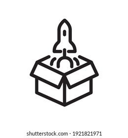 Rocket icon taking off from the box. Vector. Metaphor and allegory of new projects in business. Outline style. Illustration for website or print.