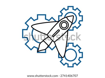 Rocket icon taking off over three blue gears representing innovation