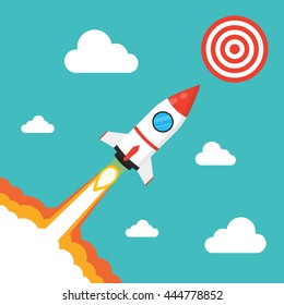 Rocket icon with target and clouds. Flat vector illustration. Startup concept. Project development.