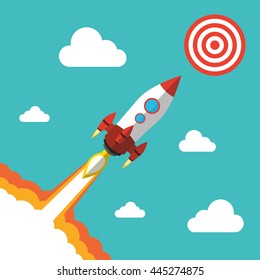 Rocket icon with target and clouds. Flat vector illustration. Startup concept. Project development.