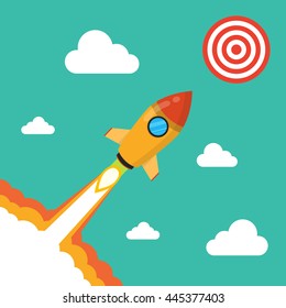 Rocket icon with target and clouds. Flat vector illustration. Startup concept. Project development.