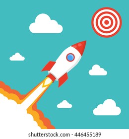 Rocket icon with target and clouds. Flat vector illustration. Startup concept. Project development.
