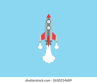 Rocket icon. Upward launch space rocket with white smoke from turbines isolated on white background
