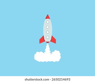 Rocket icon. Upward launch space rocket with white smoke from turbines isolated on white background