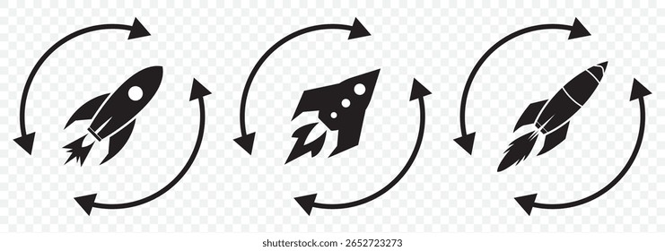 Rocket icon vector. flat design. Rocket icons set. Flat Design Icon Template Vector Illustration. Rocket flying up - vector icons collection on Transparent Background. EPS 10.
