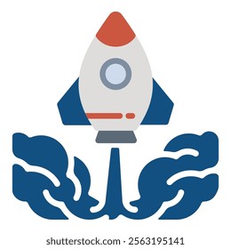 Rocket icon vector illustration. The rocket icon at launch with thick smoke underneath symbolizes ambition, progress, and the excitement of exploration and innovation.