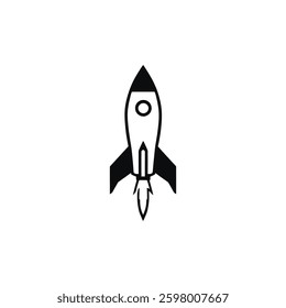 Rocket Icon Vector: Minimalist Black and White Illustration of a Launching Spacecraft