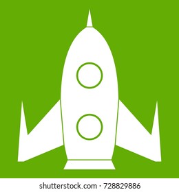 Rocket icon white isolated on green background. Vector illustration