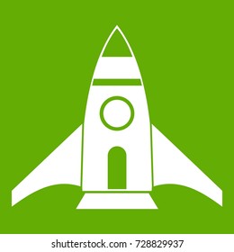 Rocket icon white isolated on green background. Vector illustration