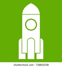 Rocket icon white isolated on green background. Vector illustration