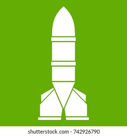 Rocket icon white isolated on green background. Vector illustration