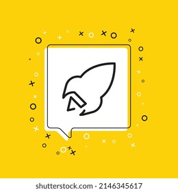 Rocket icon in white speech bubble with decorative elements on a yellow background. Modern graphic announcement with thin line symbol. Vector illustration EPS 10