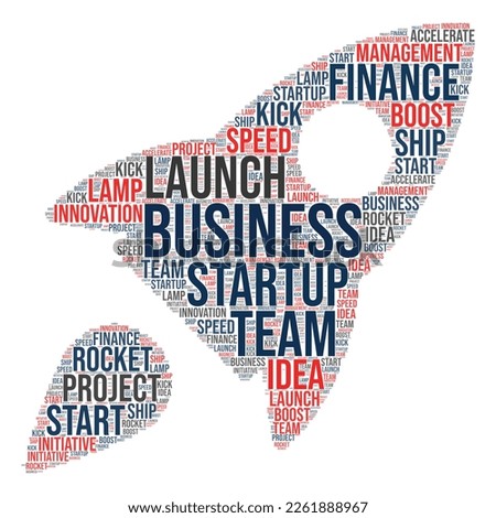 Rocket icon word cloud art isolated on white background. successful startup launch, Rocket word collage, Business startup