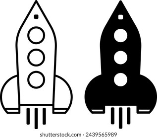 Iconos de cohetes. Icono vectorial blanco y negro del despegue del cohete. Viajes espaciales. Registro del Lanzamiento del Proyecto. Símbolo de la idea creativa