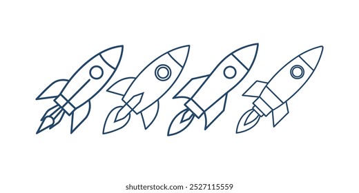 Iconos del cohete, logotipos del cohete, arte del Clip del lanzamiento del cohete, contorno del Vector del cohete.
