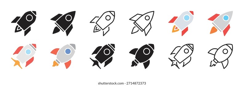Iconos de cohete. Misil, conjunto de iconos de línea de lanzamiento. Signo negro y colorido, símbolo. Misión, puesta en marcha, negocio, concepto de éxito. Ilustración vectorial. Trazo editable. Elemento de diseño plano. El fondo blanco.