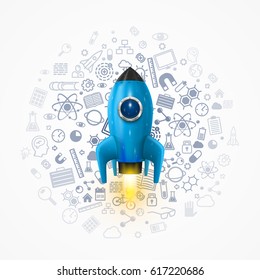 Rocket with icons on the background, Space rocket launch. Rocket background, Rocket product cover, Startup creative idea, Vector illustration