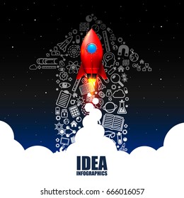 Rocket with icons on the clouds background. Vector illustration